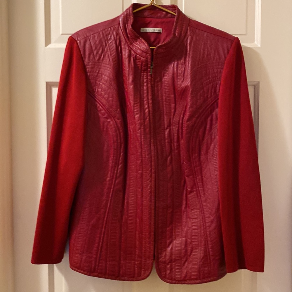 Peter Nygard Red Leather/Knit Jacket, - Picture 2 of 10